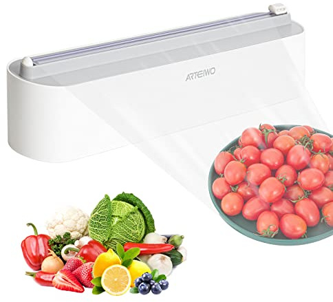 ArteiWo Magnetic Refillable Plastic Wrap Dispenser With Cutter, Tin Aluminum Foil Dispenser with Cutter, Sturdy Food Cling Wrap Film Cutter, 12 Inch X 328 Feet Plastic Wrap Included…