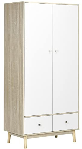HOMCOM Armadio 2 Ante in Legno con 4 Vani, 2 Cassetti e Appendiabiti, Color Legno e Bianco, 90x50x190cm