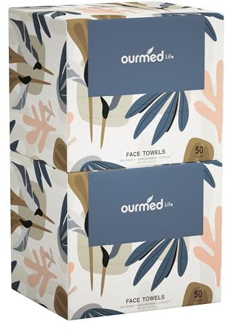 Ourmed Life Face Towels, Disposable Biodegradable Facial Towels for Sensitive Skin, Lint- Free Face Wipes for Washing Face, Skincare and Makeup Remover, Dry Wipes, 10×12 Extra Large, 100 Count