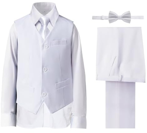 DHTS Boys Suit for Kids Formal Tuxedo Dress Clothes Toddler Boy Vest and Pants Set for Boys White Communion Suits Size 4