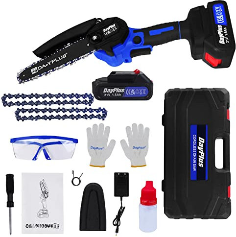 6 Inch Brushless Cordless Chainsaw with 2 x 1500mAh Battery and Charger, Portable Electric Chainsaw Hand Chainsaw 2200 SPM for Tree Branches, Courtyard, Household and Garden