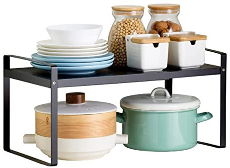 HUOLE Porta piatti allungabile, mensole da cucina per stoviglie,Scaffale portaoggetti regolabile per armadio,organizer sotto lavello,cibo e utensili, in metallo-36-60 * 21 * 18 cm (nero)