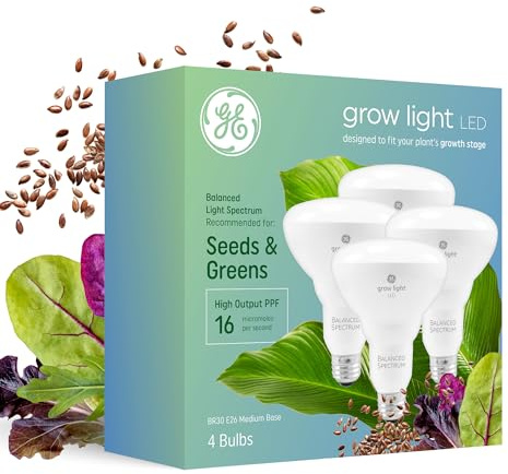 GE Grow Lights for Indoor Plants, BR30 Indoor Floodlight, LED Light Bulbs for Seeds and Greens, Balanced Light Spectrum, 25,000 Hours Lifespan, 16 PPF, 4 Pack (Packaging May Vary)