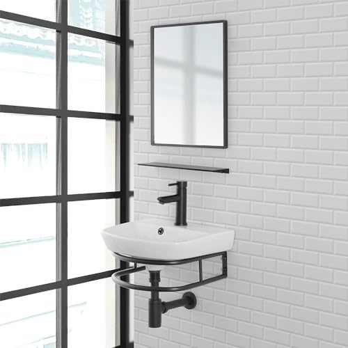 Inbagno Mobile lavabo sospeso 45 cm salvaspazio in Stile Industrial, lavamani in Ceramica con mensola e Specchio con Cornice, Borg