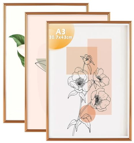 JMIATRY A3 Photo Frame Set of 3, Aluminum A3 Picture Frames with Perspex Front, Wall Mount Rose Gold Frame for Photo Picture Certificate Poster Wall Decor