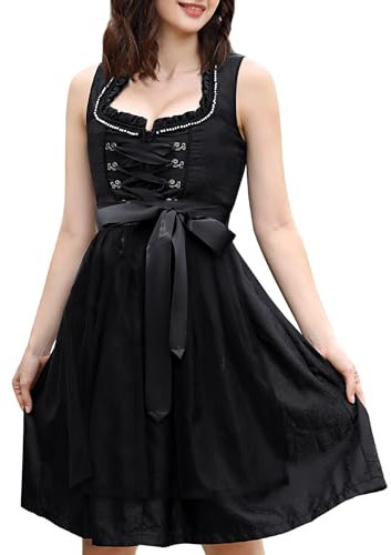 KOJOOIN Dirndl Damen Midi Kurz Trachtenkleid mit Spitzenschürze 2tlg. für Oktoberfest Schwarz(High-End) 38