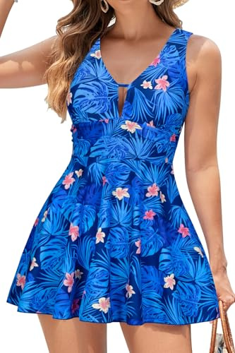 SHEKINI Mujer Bañador con Falda Traje de Baño Retro Cuello de V Acolchado Ruched Control Abdomen Halter Traje de Baño de Una Pieza Tankinni Deportivo（XXL，Azul-Hojas de Palma）