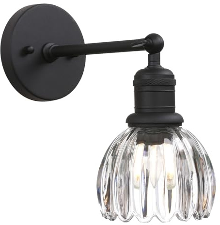 Yosoan Boho Indoor Vintage Wall Sconce with Flower Shade, 1-Light Modern Vanity Industrial Hardwired Wall Mounted with Transparent Tulip Shade for Living Room Bedroom Kitchen Hallway Home Decor(Black)