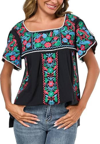 Mexican Shirts for Women Peasant Blouse Linen Blouses Embroidered Tops Summer Boho Traditional Fiesta Tunic Clothing (XXL, 528BK)