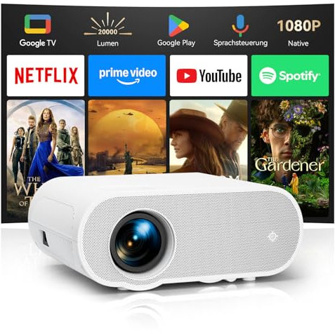 Beamer【Google TV/Netflix】 Beamer 4K mit Play Store, 20000 Lumen Mini Beamer Full HD 1080P, LED Beamer 4K Heimkino mit Sprachsteuerung, Projektor Handy Kompatibel mit Smartphone/Laptop/HDMI