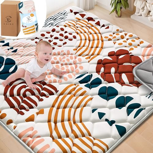 YBIKE Baby Play Mat for Floor, Foldable Large Non-Slip Thick Baby Crawling Mats 109x109cm, Portable Soft Tummy Time Mat, Machine Washable Playmats for Toddler Kids (Boho Leaves)