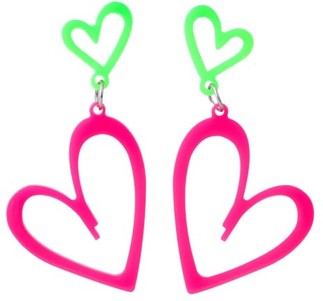 Mikovivi Boucles D'oreilles Cœur Fluo pour Femme, Pendantes en Acrylique Rétro Années 80 et 90 Accessoires de Fête Idéales L'été et pour les Déguisements (Rose Vif, Vert)