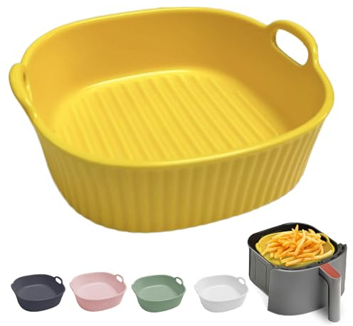 Cazuela redonda de cerámica, para freidora de aire caliente, 17,5 x 16 x 5,5 cm, para lasaña, molde redondo para lasaña, patatas fritas, sopa (amarillo)