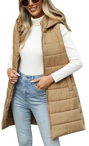 HEEKPEK Puffer Vest Women Long Hooded Sleeveless Zip Up Quilted Vests Outerwear Lightweight Puffy Jacket Fall Winter Coat (Khaki,XX-Large)