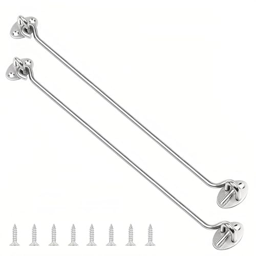 AMONENZ 2 Pezzi 400mm Gancio Chiusura Porta, Argento 201 in Acciaio Inox Ganci per Cabina, Gancio Fermaporta, Ferma Persiane con 8 Viti, per Porte, Recinzioni da Giardino, Armadietti, Finestre