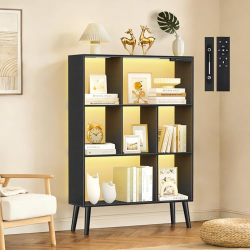 OUTONLIFE Libreria a 7 Cubi con Luci LED, Controllo Touch e Telecomando, Scaffale Moderno a Terra Dimmabile, Organizer in Legno Aperto per Soggiorno, Camera da Letto e Ufficio