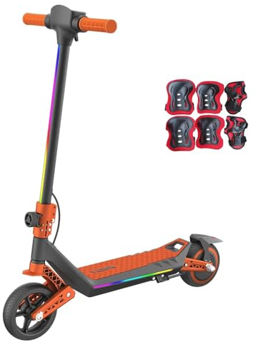 Elektroroller für Kinder, E Scooter mit Regenbogen-LED & Sicherheitsstart, 3 Geschwindigkeiten bis 16 km/h, 12KM Reichweite, doppelte Stoßdämpfer, doppeltes Sicherheitsbremssystem (Orange)
