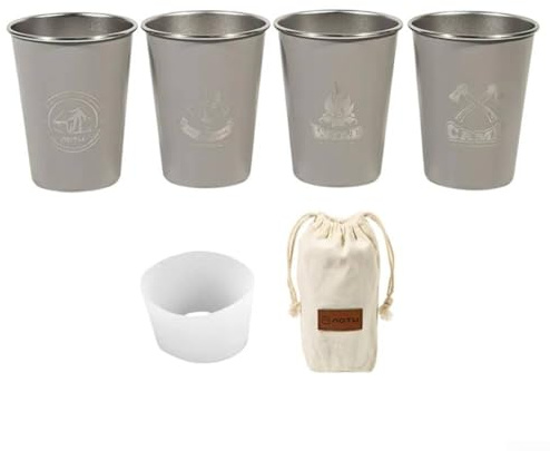 Yuanpgky Lot de 4 gobelets de camping en acier inoxydable 304 avec capacité de 350 ml, pour pique-nique, randonnée et voyage, avec sac fourre-tout en toile (gris)