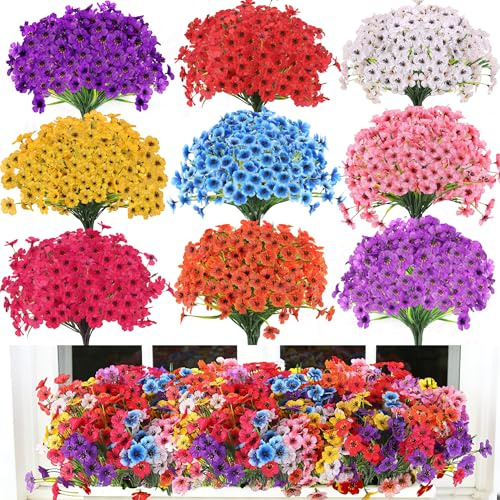 18 Bundles Artificial Flowers Outdoor, 9 Colors UV-Resistant Artificial Flowers, No Fade Plastic Faux Plants for Indoor Outside Garden Porch Window Box Farmhouse Wedding Decoration Hanging Planters