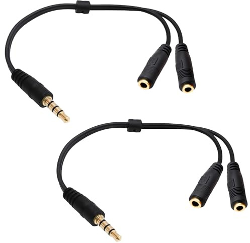 YARCHONN Cable Divisor de Auriculares de 3,5 mm TRRS 1 Macho a 2 Hembra Micrófono Y Audio Estéreo, Cable Adaptador para Auriculares, Teléfono, PC, Tabletas, Consola de Juegos, 20 cm, 2 Unidades
