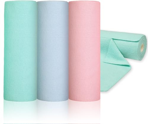 Romon Microfibra Panni Pulizia, 60 Pezzi Strofinacci Cucina, 25x25cm Panno per Vetri, Riutilizzabile Fino a 50 Volte, Pezze per Pulire, Rotolo Compatto per Casa e Auto (Rosa, Ciano, Blu)