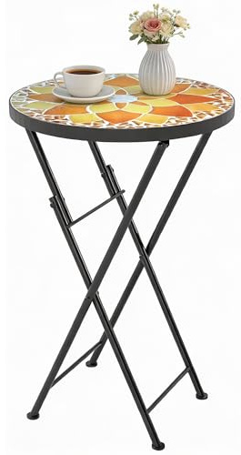 Outsunny Mosaic - Mesa de jardín al aire libre, mesa de centro plegable redonda de 35,5 cm con marco de metal para balcón y terraza, color amarillo