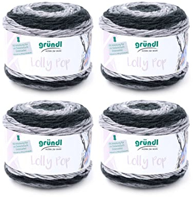 Gründl Lolly Pop Filato per Uncinetto e Maglieria (Filato Universale Simile alla Lana e Lavabile 100% poliacrilico, 150 g / 240 m, Dimensioni dell'ago: 5-6, 4 x 150 g), Black Pepper Swirl