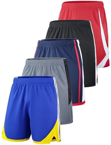 5 Pack Big Boys Youth Athletic Mesh Basketball Shorts with Pockets Quick Dry Activewear (Set 3, Large)