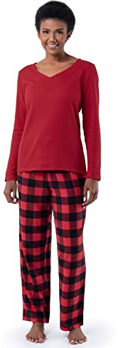 Fruit of the Loom Women's Waffle V-Neck Top and Flannel Pant Sleep Set, Radiant Red/Buffalo Check, Medium