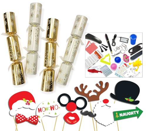 Diamond 127 x 30,5 cm Gold & Creme Schneeflocken Catering Weihnachten Knallbonbons mit Premium-Inhalt + 50 Stück Party-Fotokabinen-Requisiten auf Stäbchen