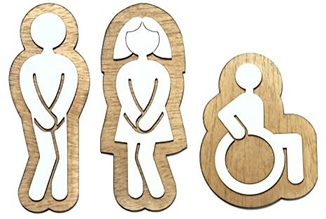 VEJO Carteles de Baños y Locales - Señalización para Puertas (Hombre, Mujer, Minusválido) - Letrero Abierto/Cerrado - Placas de Madera