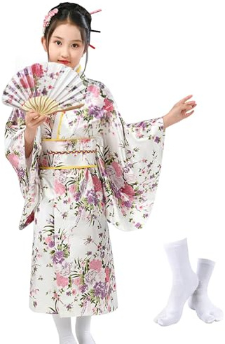 KRUIHAN Kimono Japonais pour Filles, Robe Yukata Japonaise, Robe de Soirée de Jeu de Rôle Anime avec Ventilateur Pliant et Chaussettes Tabi, Blanc, 140