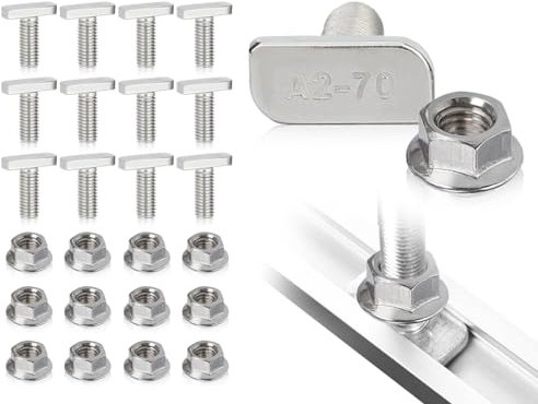 KAPSING 12 set di viti con testa a martello M8 x 20 in acciaio inossidabile, set di viti con testa a martello A2-70 con dadi flangiati, viti per binari di ancoraggio, accessori per viti per serre