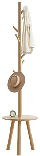Uptyia Perchero de Pie Madera 2 en 1 con Mesa, Percheros de Pie con 8 Ganchos para Hogar y Oficina, Color Natural