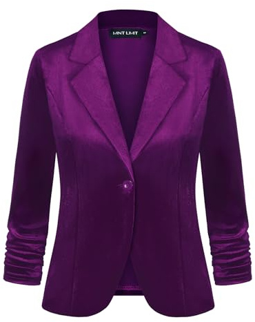 MINTLIMIT Velvet Blazer Jackets for Women 3/4 Sleeve Suit Jacket One Button Comfortable Stylish (Purple L)