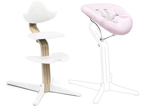 Stokke Nomi Silla (Blanca) + Newborn Set (Blanco/Rosa Grisáceo) - Incluye un Arnés de Seguridad de Cinco Puntos y Un Set de Tela Reversible y Lavable - Soporta hasta 150 kg
