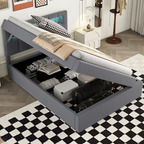 MYBOO Boxspringbett mit Bettkästen 90 x 200 cm, Polsterbett Stauraumbett Gepolstert Doppelbett mit LED Beleuchtung und Lattenrost, Ohne Matratze (Grau, 90x200)
