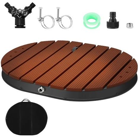 Ansobea Douche de sol avec roue et buses en cuivre, hauteur de la fontaine jusqu'à 4 m, douche extérieure avec fonction de massage antidérapante, douche sauna en aluminium/WPC/aspect bois