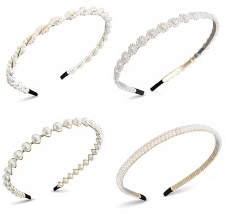 LAKJUOZ 4 Pezzi Fascia Per Capelli Finta Perla Bianca Cerchietto Perle Donna Elegante Sposa Strass Accessori Cerchietti Bambina Per Capelli Sposa Ragazze Festa Compleanno Matrimoni Regali Di San Valen