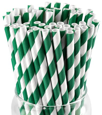 Pailles en Papier Vert，Lot de 120 Pailles Carton Résistantes et Écologiques，Idéales pour Fête du Jardin, Apéro Foot, Noël et Mariage（0,6 x 19,7 cm）