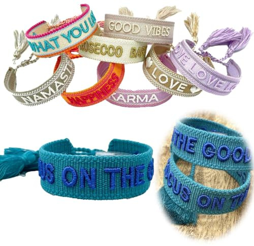 LS-LebenStil Exklusives Statement Armband - das Original Focus on the Good Türkis Blau 16-20cm Quasten besticktes Boho Canvas Webarmband Damen Freundschaftsarmband Geschenk gewebt textil Stoffarmband