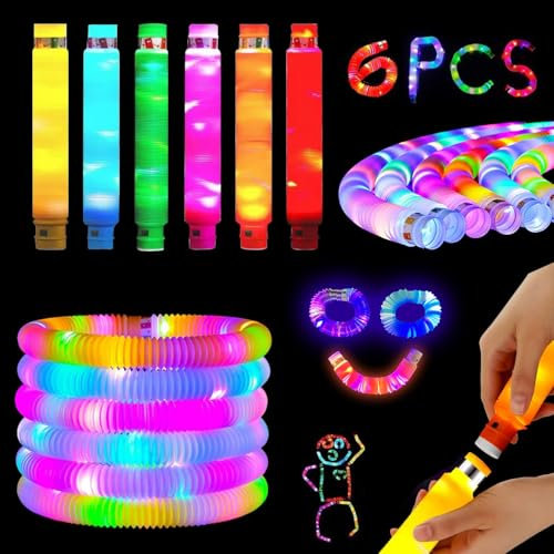 Lunriwis Lot de 6 diodes lumineuses LED - Tube extensible - Pour enfants - Bracelet - Décoration de fête - Cadeau d'anniversaire - Nouvel An