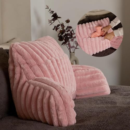 OHS Comfy Reading Pillows, Ribbed Faux Fur Cuddle Cushion Sofy Cosy Gaming Cushion with Heatable Pocket Support Pillow with Arms Sit up In Bed Pillow, Blush Pink