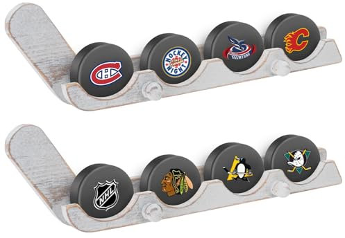 LyunZiS 2 Pack Hockey Puck Display Cases for Fathers Day Gift - Wooden Wall Mount Holder with Hook - Hockey Puck Holder Living Room Stick Decor Accessory for Player Team Gift - Oldwood
