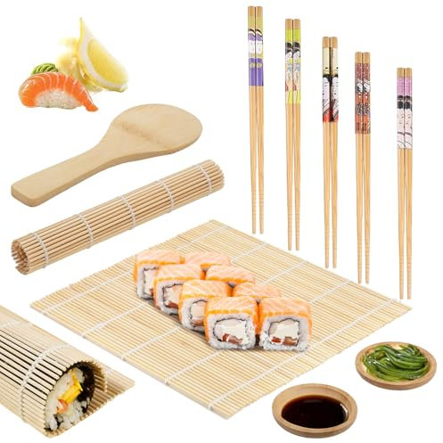 zrfgbxim 10 Pcs Sushi Making Kit: 2 Pcs Bamboo Sushi Rolling Mats & 5 Pairs Chopsticks & 1 Rice Shaker & 2 Pcs Sauce Plates, Sushi Making Tools Set, Sushi Mat Bamboo for Beginner Chef