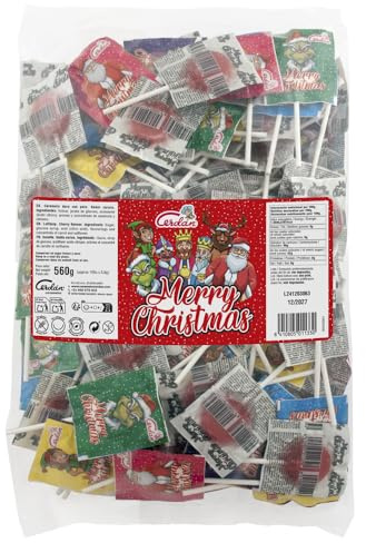 Caramelos Cerdán - Piruletas Feliz Navidad Christmas Pop | Bolsa 100 Uds | Nuevo Diseño Sabor cereza | Caramelo Duro con Palo Sin Gluten ni Alérgenos | Ideal para Fiestas Eventos y Cumpleaños