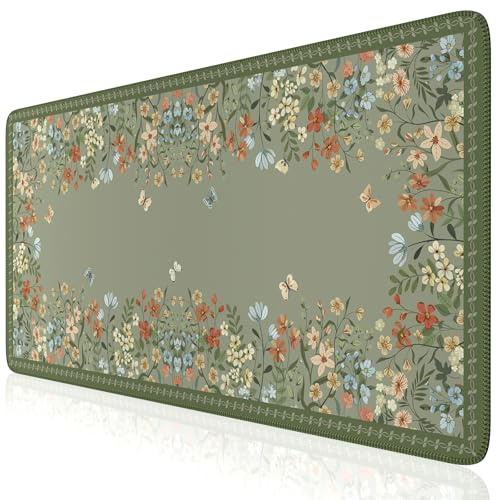 iCasso Desk Mat for Keyboard and Mouse,Large Keyboard Mat Non-Slip,Cute Desk Pad with Stitched Edges,Floral Mousepad for Women,Girly Computer Mat for Home Office Gaming(Sage Green)
