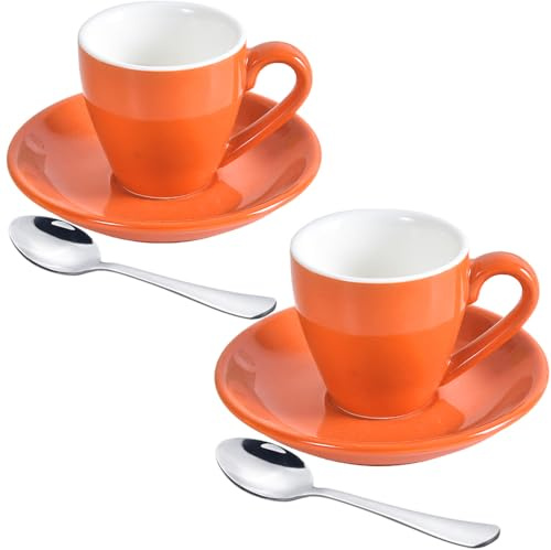 ionEgg Set of 2 Porcelain Espresso Cups with Saucer and Mini Stainless Steel Spoons, 80 ml, Orange
