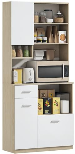 HOMCOM Credenza Cucina Alta con Cassetto, 3 Armadietti e 4 Scomparti Aperti, Mobile Dispensa con Ripiano Regolabile in Truciolato, per Soggiorno e Cucina, 80x35x180 cm, Bianco e Rovere