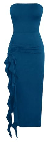 GORGLITTER Women's Ruffle Trim Strapless Tube Bodycon Dress Asymmetrical Cocktail Maxi Dresses Sexy Club Party Outfit Blue L